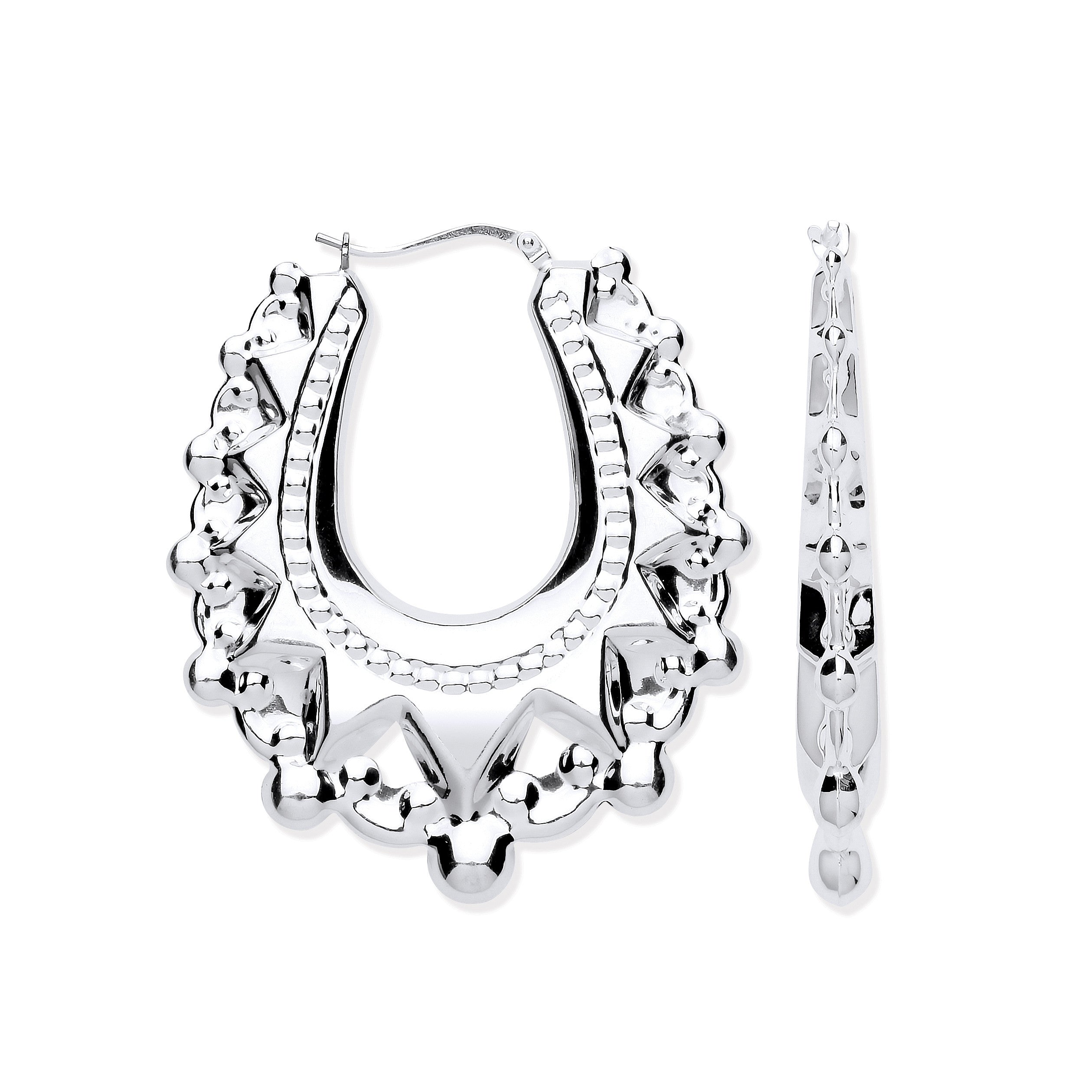 Silver Embossed Hinged Large Oval Creoles - Silver