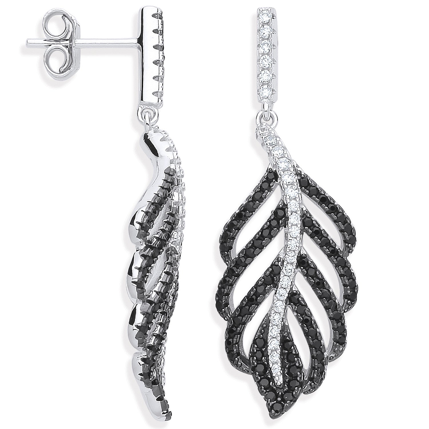 Silver Black & Clear Cubic Zirconia Leaf Drop Earrings - Silver