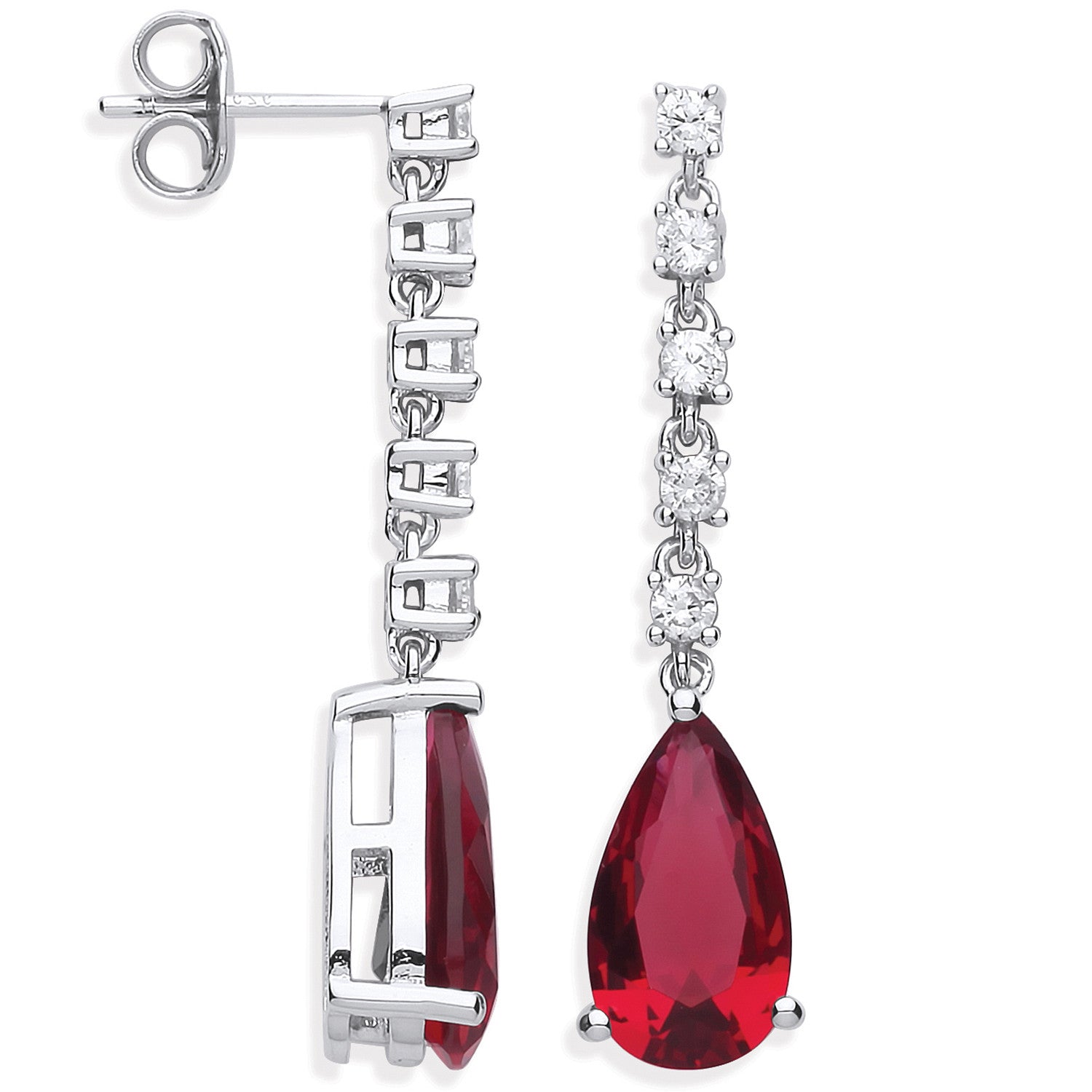 Silver Ruby Red Pear Shape Cubic Zirconia Drop Earrings - Silver