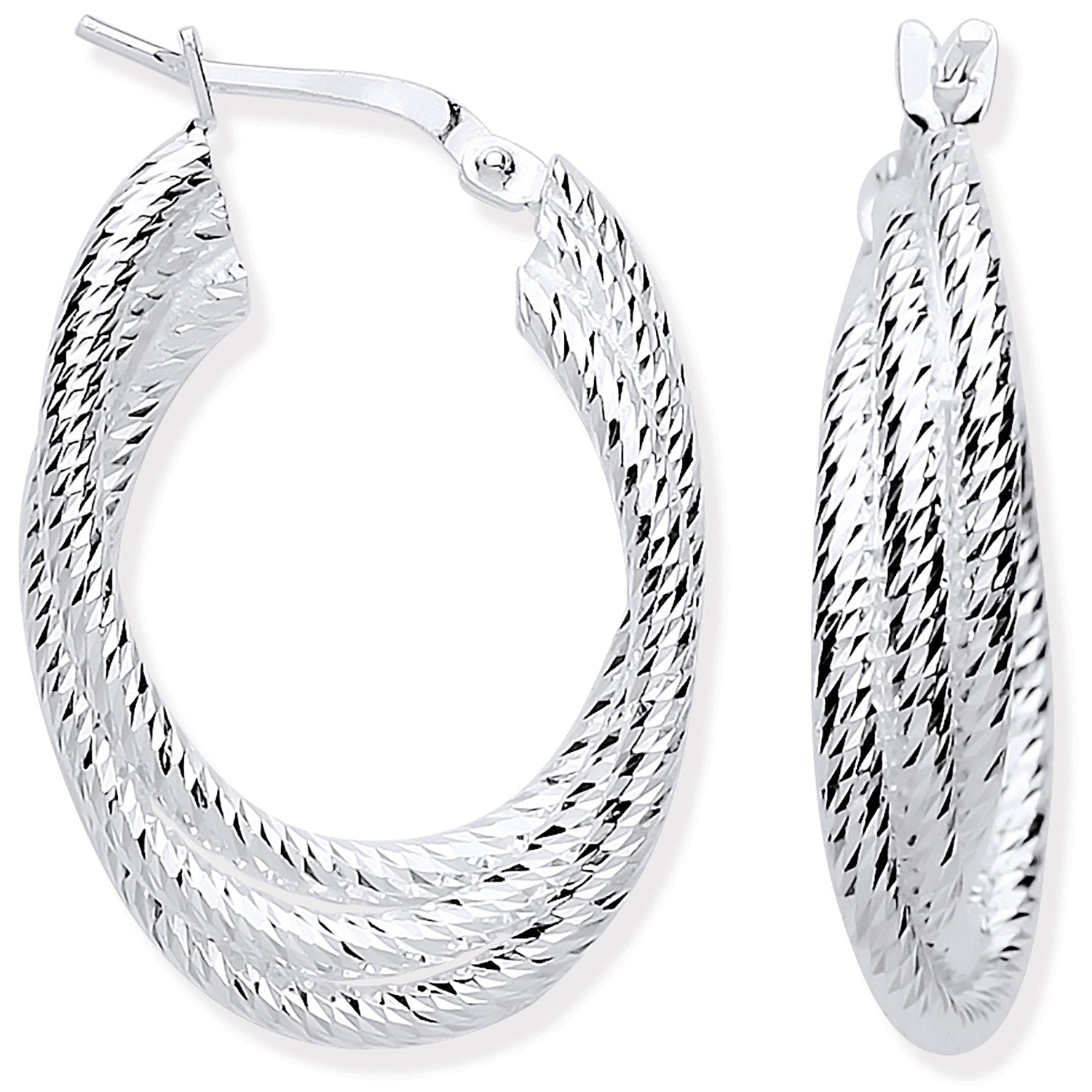 Silver Ribbed Oval 3 Row Hoop Earrings - Silver