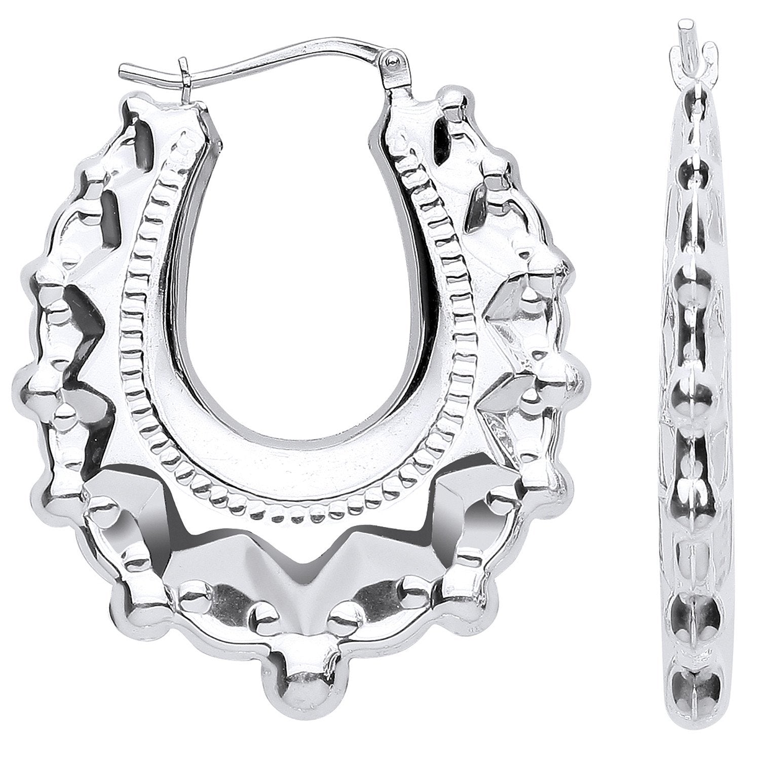 Silver Embossed Hinged Medium Oval Creoles