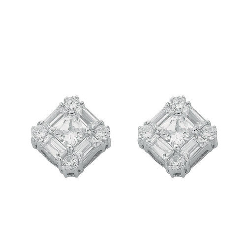 Silver Fancy Cluster Cubic Zirconia Stud Earrings - Silver