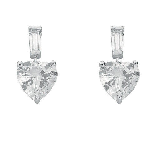 Silver Cubic Zirconia Heart Drop Stud Earrings - Silver