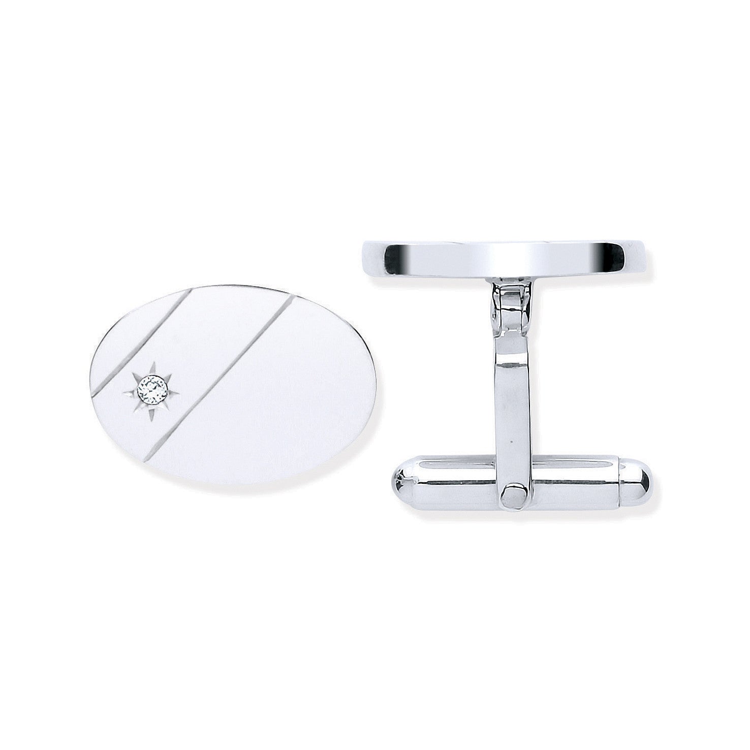 Silver Cubic Zirconia, Plain Oval Cufflinks - Silver