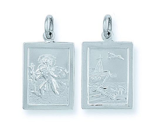 Silver Double Sided Rectangular St Christopher Pendant - Silver