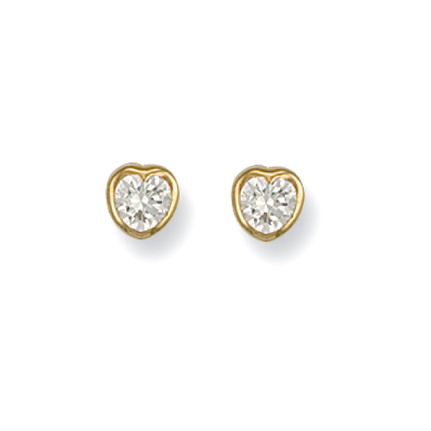 9ct Yellow Gold Rubover Set Heart Shaped Cubic Zirconia Studs - 9ct Gold