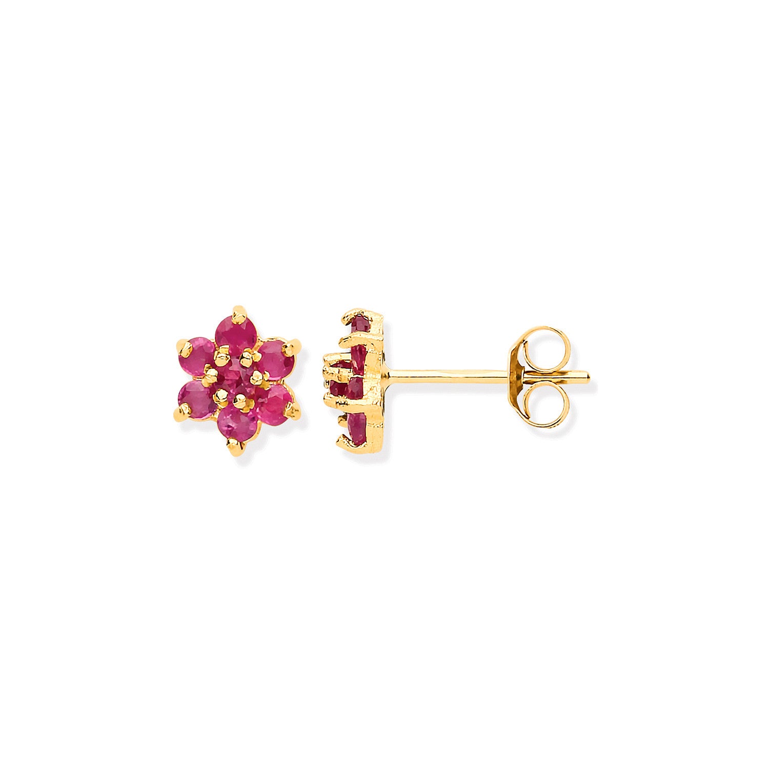 9ct Yellow Gold Ruby Flower Studs - 9ct Gold