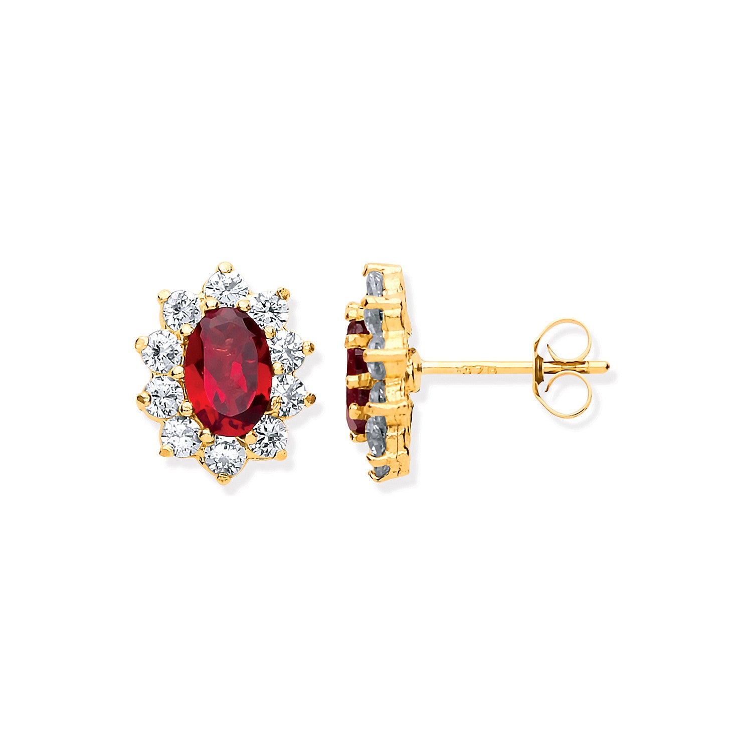 9ct Yellow Gold Ruby & Cubic Zirconias Cluster Studs - 9ct Gold