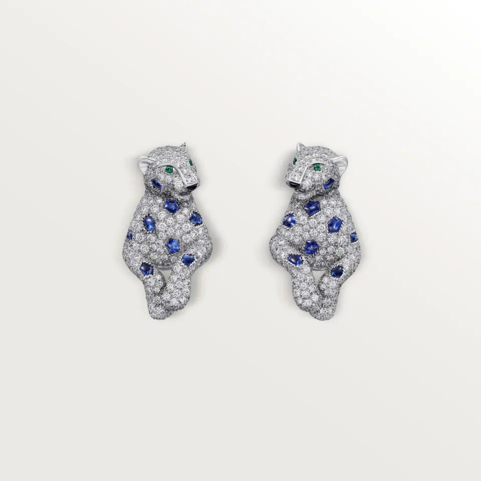 Cartier Panthère de Cartier Earrings Sapphire Paved Onyx Emeralds Diamonds 18K White Gold