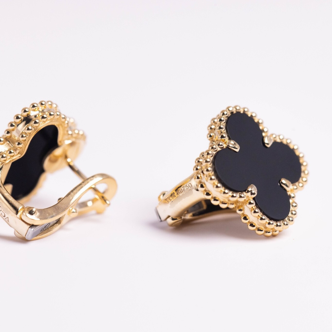 Van Cleef & Arpels Vintage Alhambra Earrings Onyx 18K Yellow Gold