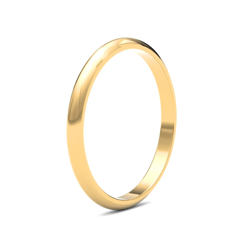 22ct Yellow Gold Standard Weight 2mm D Shaped Profile Mirror Finish Wedding Ring