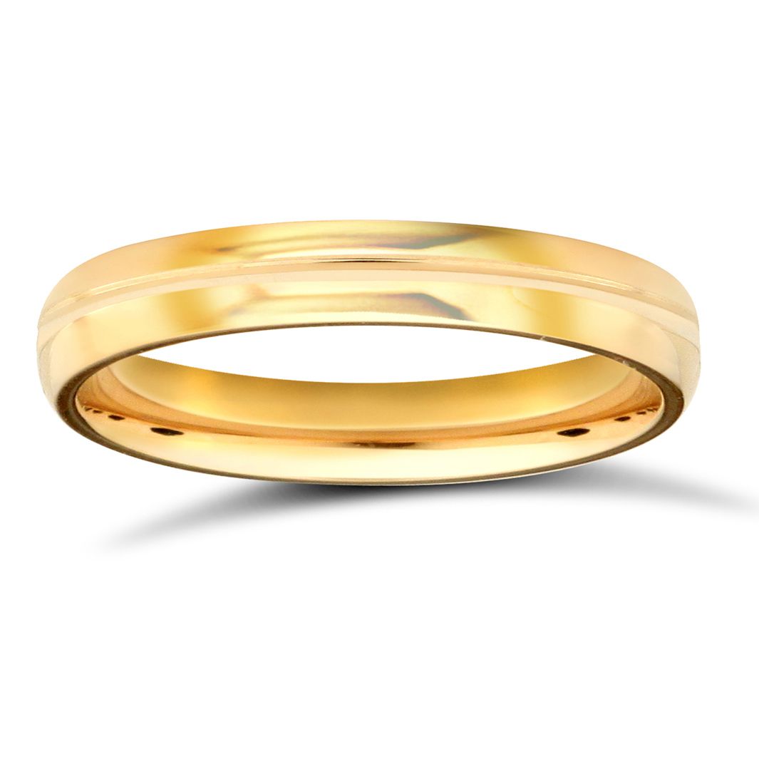 22ct Yellow Gold Standard Weight 3mm D Shaped Profile Centre Groove Wedding Ring