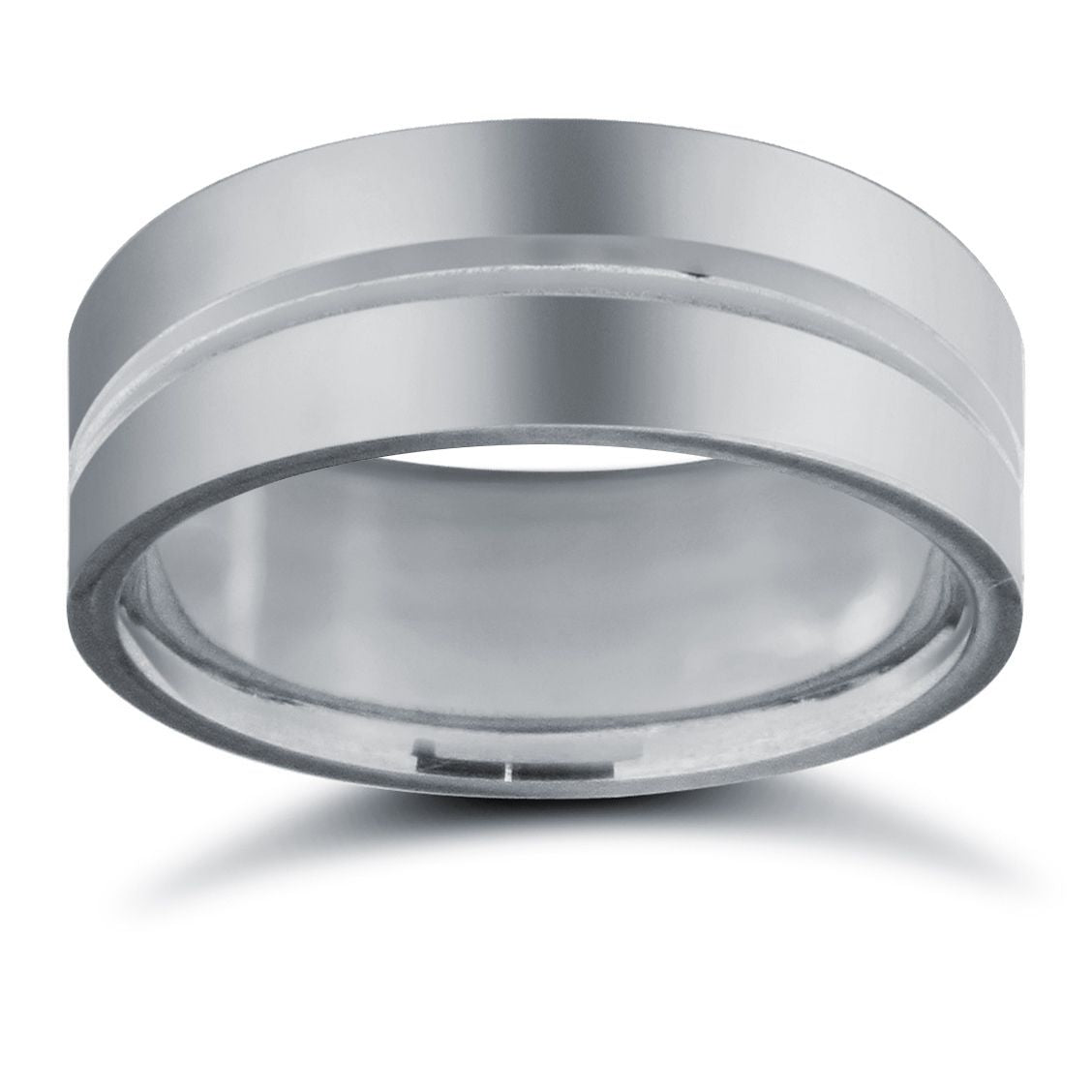18ct White Gold Standard Weight Flat Court Profile Centre Groove Wedding Ring