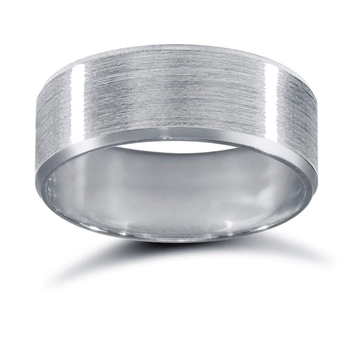 9ct White Gold Standard Weight Flat Court Profile Satin and Bevelled Edge Wedding Ring