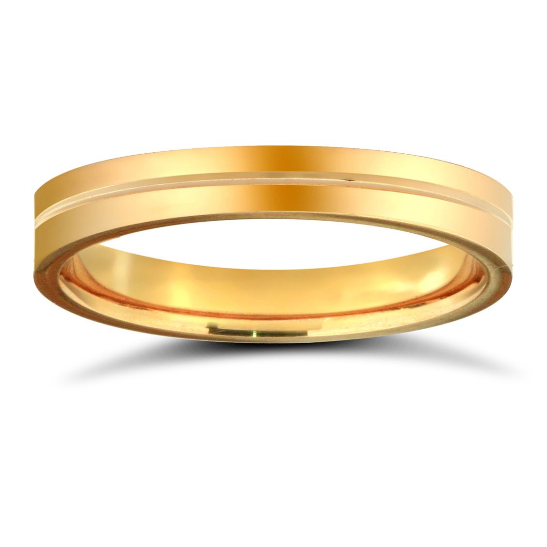 18ct Yellow Gold Standard Weight Flat Profile Centre Groove Wedding Ring