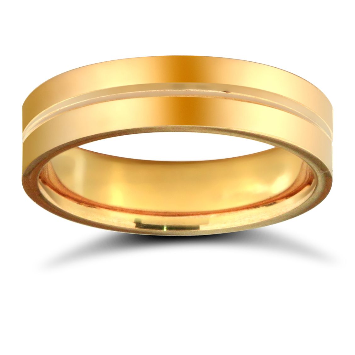18ct Yellow Gold Standard Weight Flat Profile Centre Groove Wedding Ring