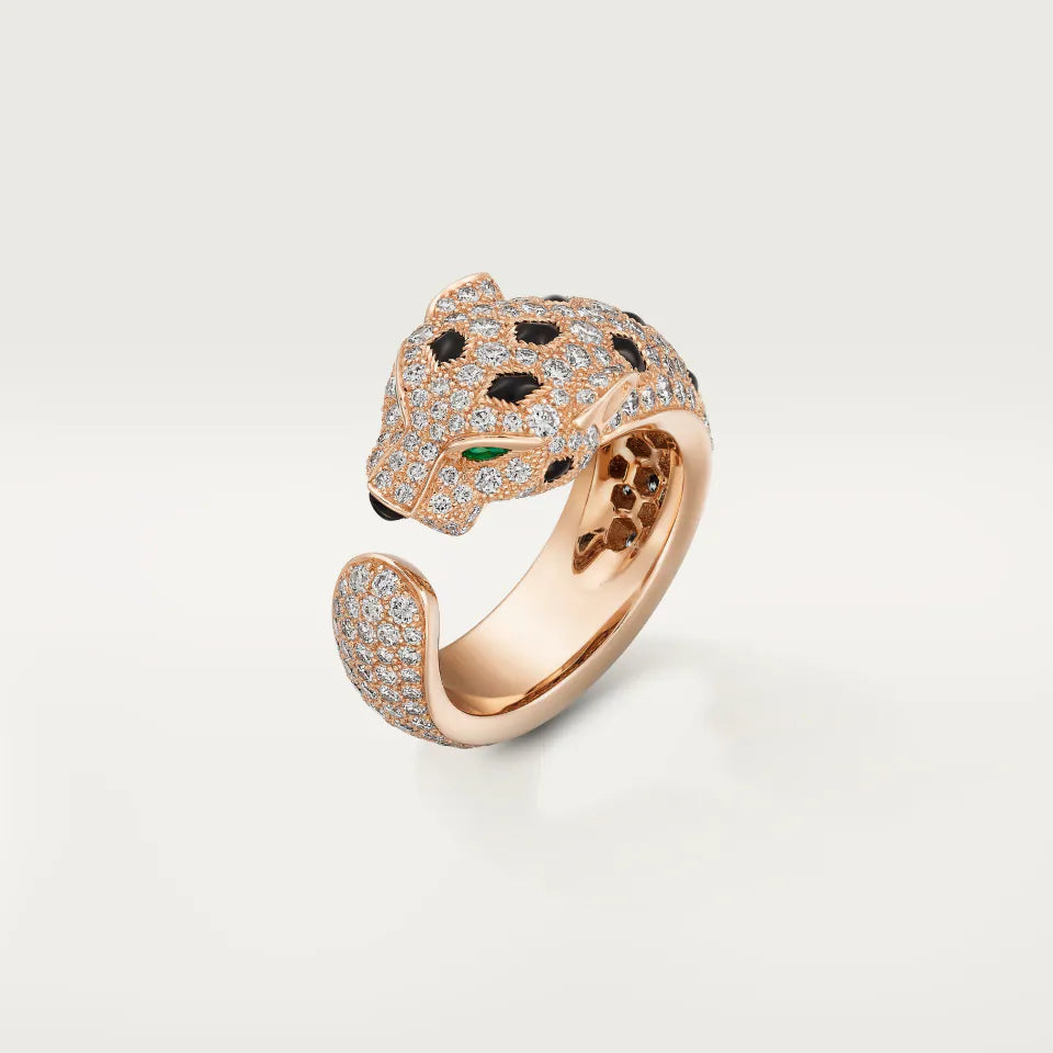 Cartier Panthère de Cartier Ring Medium Model Paved Onyx Emeralds Diamonds 18K Rose Gold