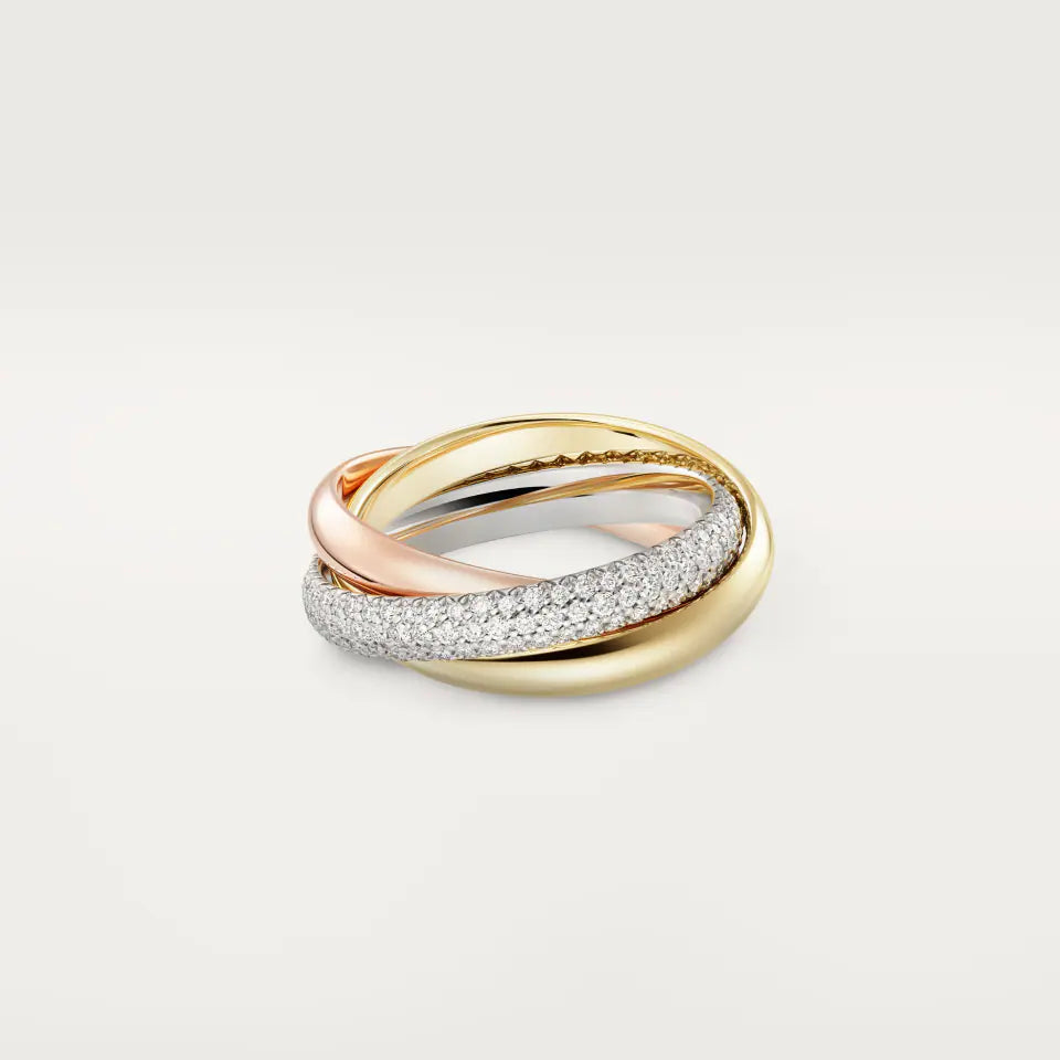 Cartier Trinity Ring Classic Model Half-Paved Diamonds 18K White, Yellow & Rose Gold