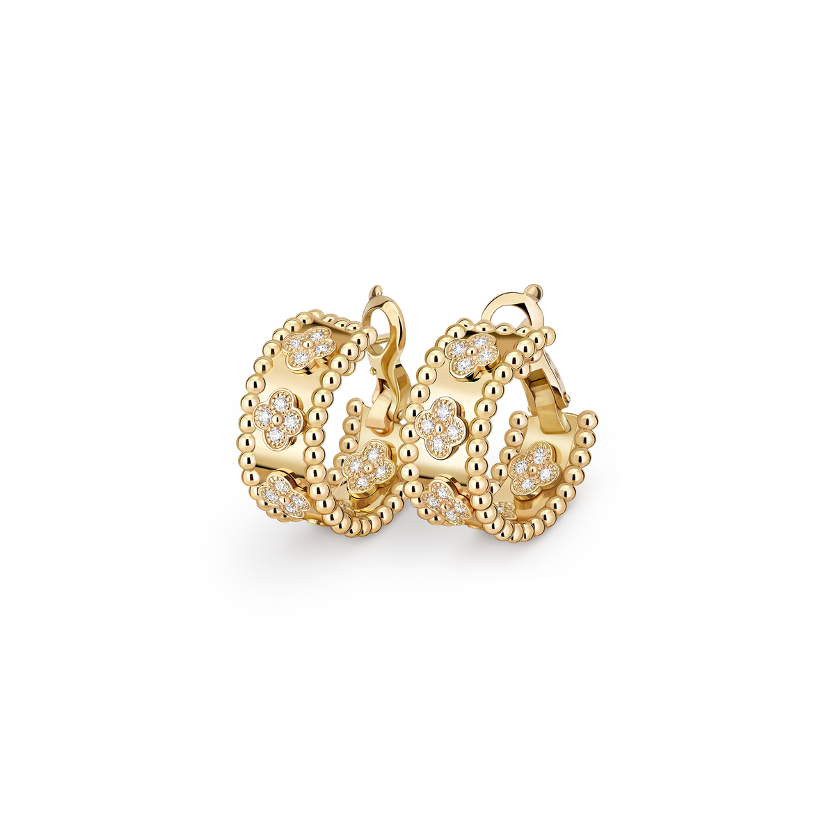 Van Cleef & Arpels Perlée Clovers Diamond Hoop Earrings 18K Yellow Gold