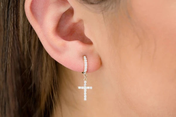 Erkals Jewellers Dangling Cross Huggie Hoop Earrings 18K Gold 0.40ctw