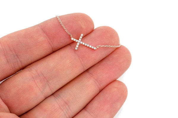 0.10ct Diamond Sideways Cross Connected Necklace 18K Solid Gold