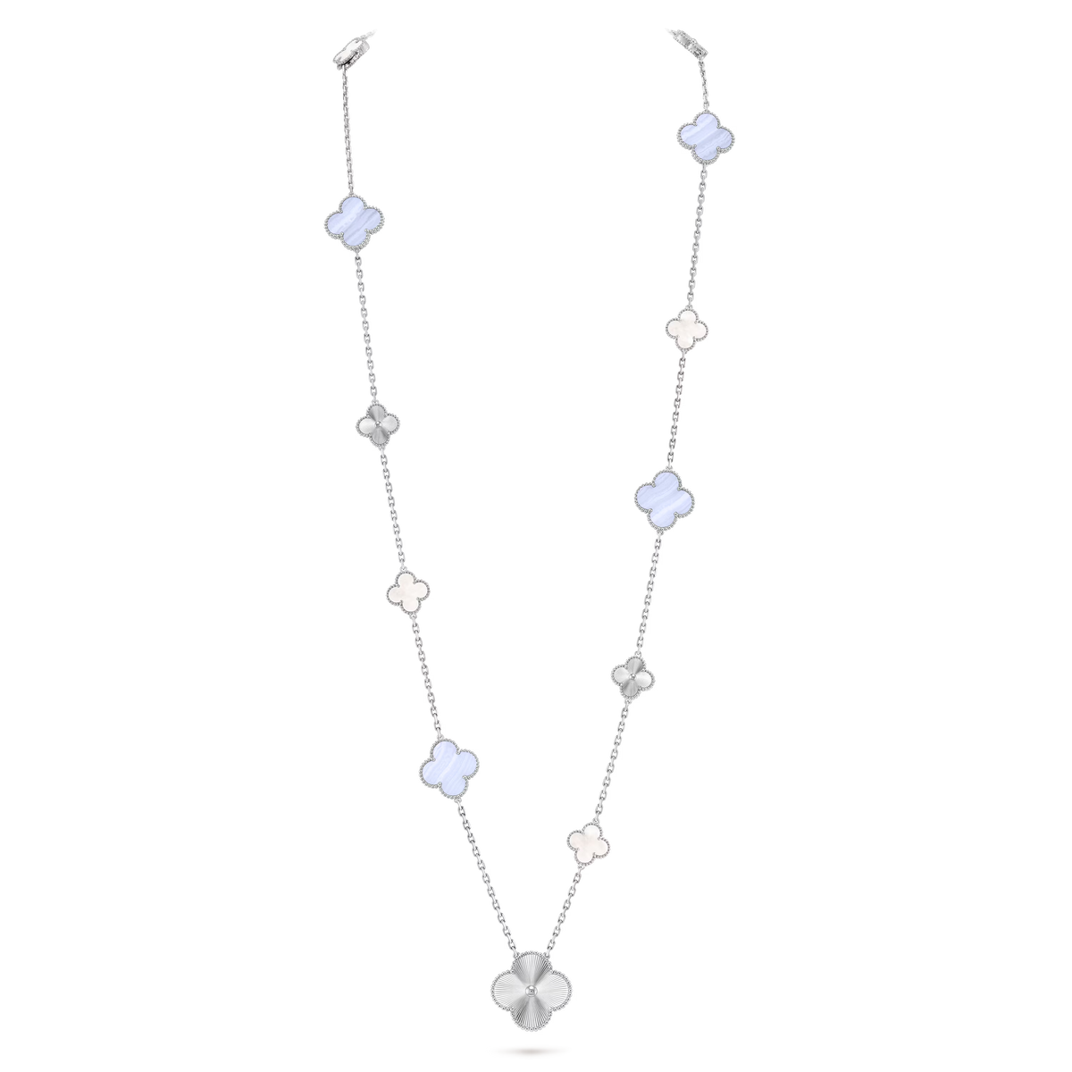 Van Cleef & Arpels Magic Alhambra 15 Motifs Chalcedony Mother-of-Pearl Transformable Long Necklace 18K White Gold