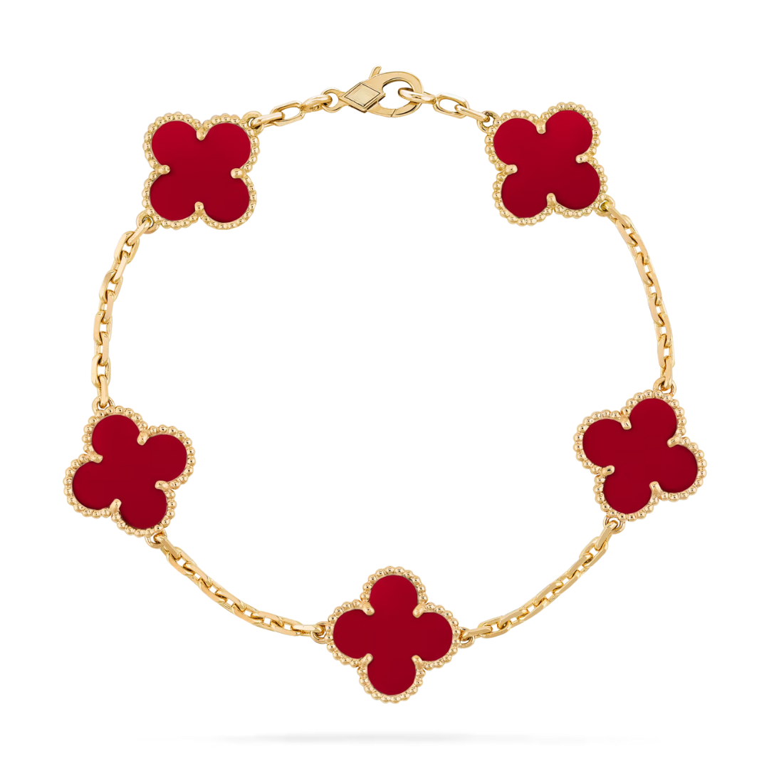 Van Cleef & Arpels Vintage Alhambra Bracelet 5 Motifs Cornaline Or Jaune 18 Carats