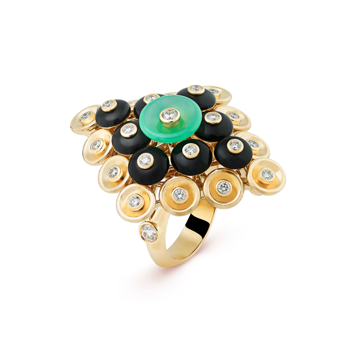 Van Cleef & Arpels Bouton d'Or Ring 18K Yellow Gold Chrysoprase Diamond Onyx