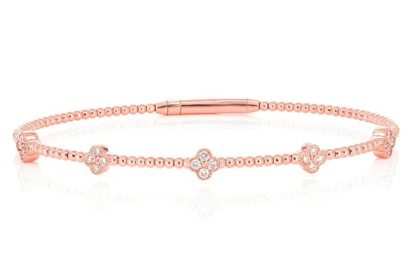 Beaded And Diamond Clover Milgrain Flex Bangle Bracelet 0.33ctw 18K Gold