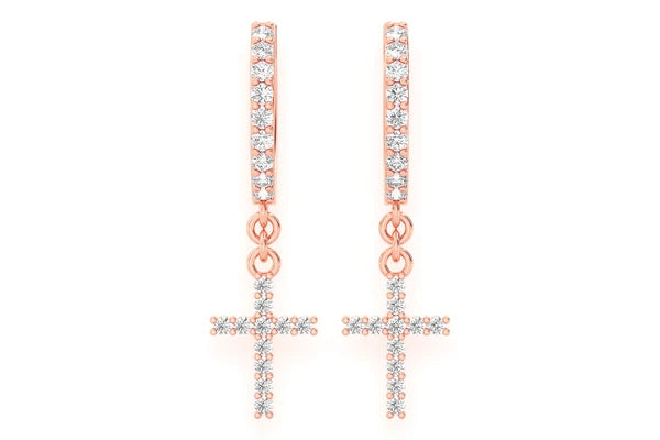 Erkals Jewellers Mini Dangling Cross Huggie Hoop Earrings 18K Gold 0.20ctw