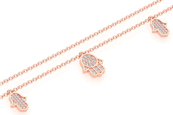 0.40ct Diamond 5 Hamsa Rolo Connected Necklace 18K Solid Gold