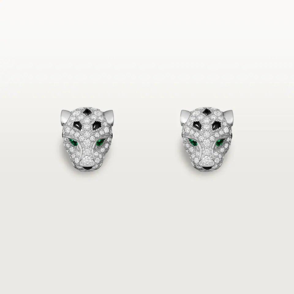 Cartier Panthère de Cartier Stud Earrings Paved 1.22 Ct Emeralds Onyx Diamonds 18K White Gold