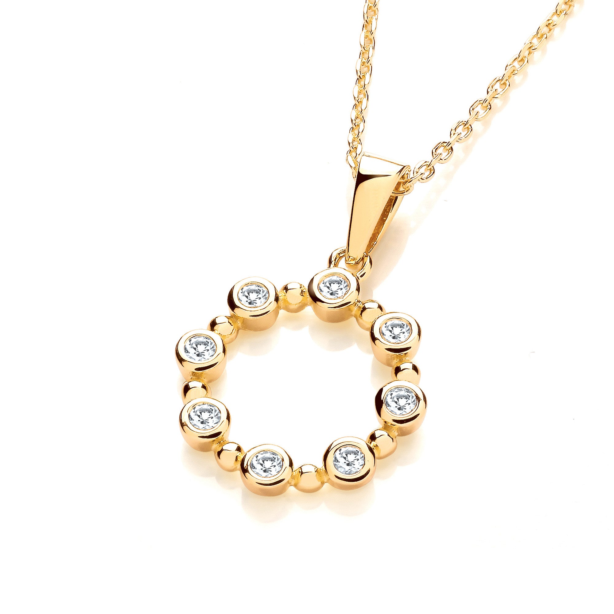 YG Plated Silver Rubover CZs Circle Pendant with Chain