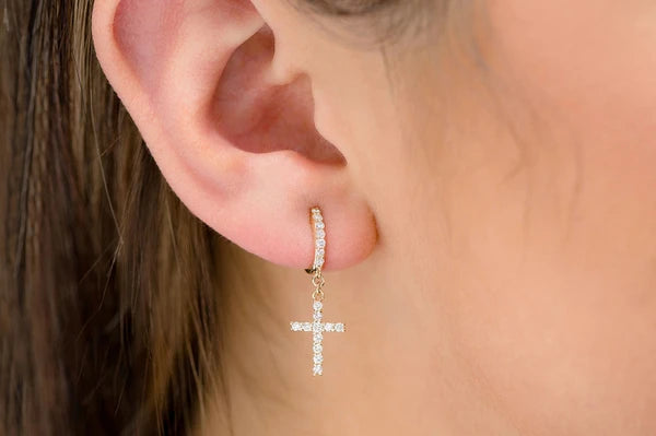 Erkals Jewellers Dangling Cross Huggie Hoop Earrings 18K Gold 0.40ctw