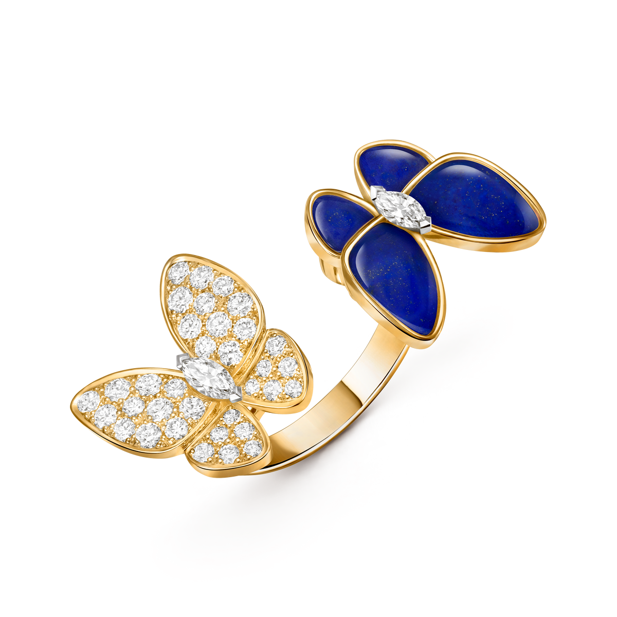 Van Cleef & Arpels Two Butterfly Lapis Lazuli Diamond Between the Finger Ring 18K Yellow & White Gold