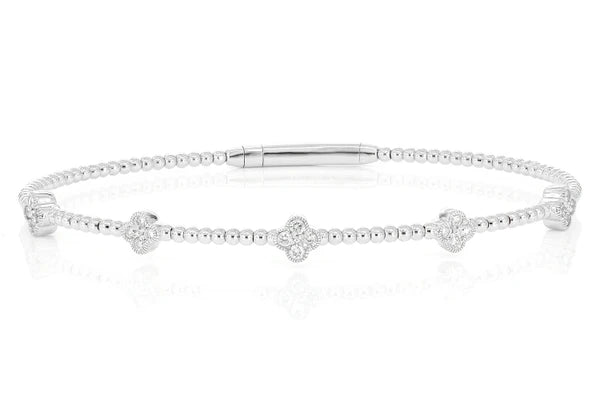 Beaded And Diamond Clover Milgrain Flex Bangle Bracelet 0.33ctw 18K Gold