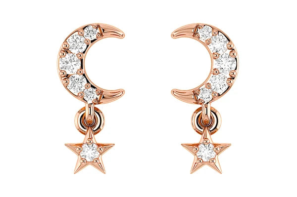 Erkals Jewellers Moon & Star Dangle Stud Earrings 18K Gold 0.05ctw