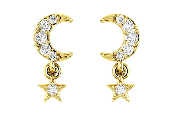 Erkals Jewellers Moon & Star Dangle Stud Earrings 18K Gold 0.05ctw