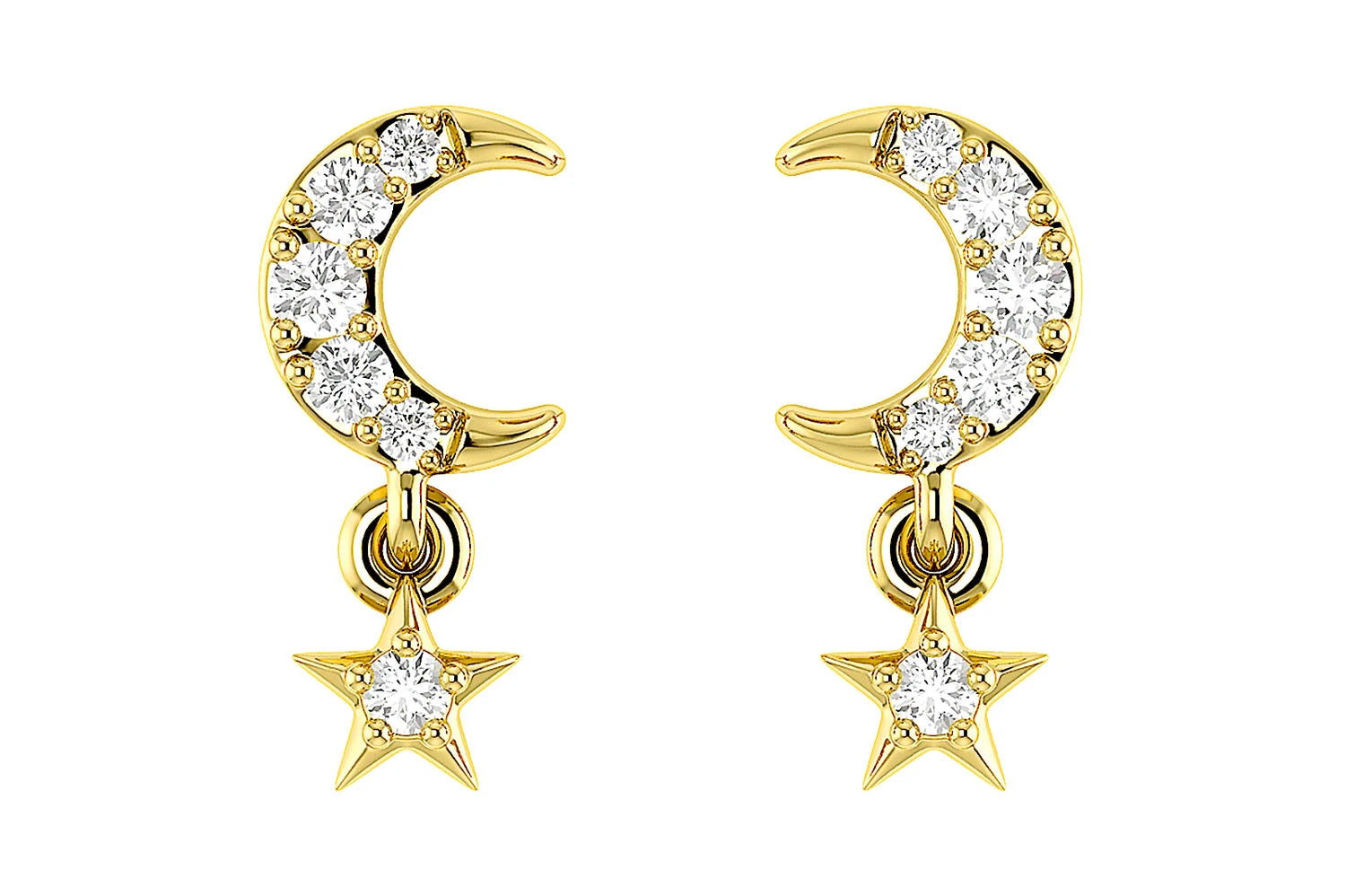 Erkals Jewellers Moon & Star Dangle Stud Earrings 18K Gold 0.05ctw