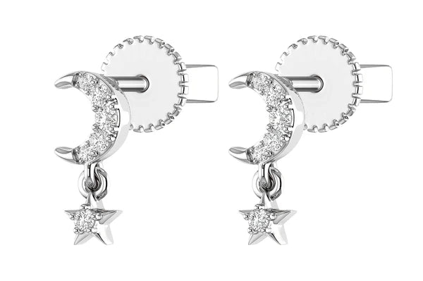 Erkals Jewellers Moon & Star Dangle Stud Earrings 18K Gold 0.05ctw