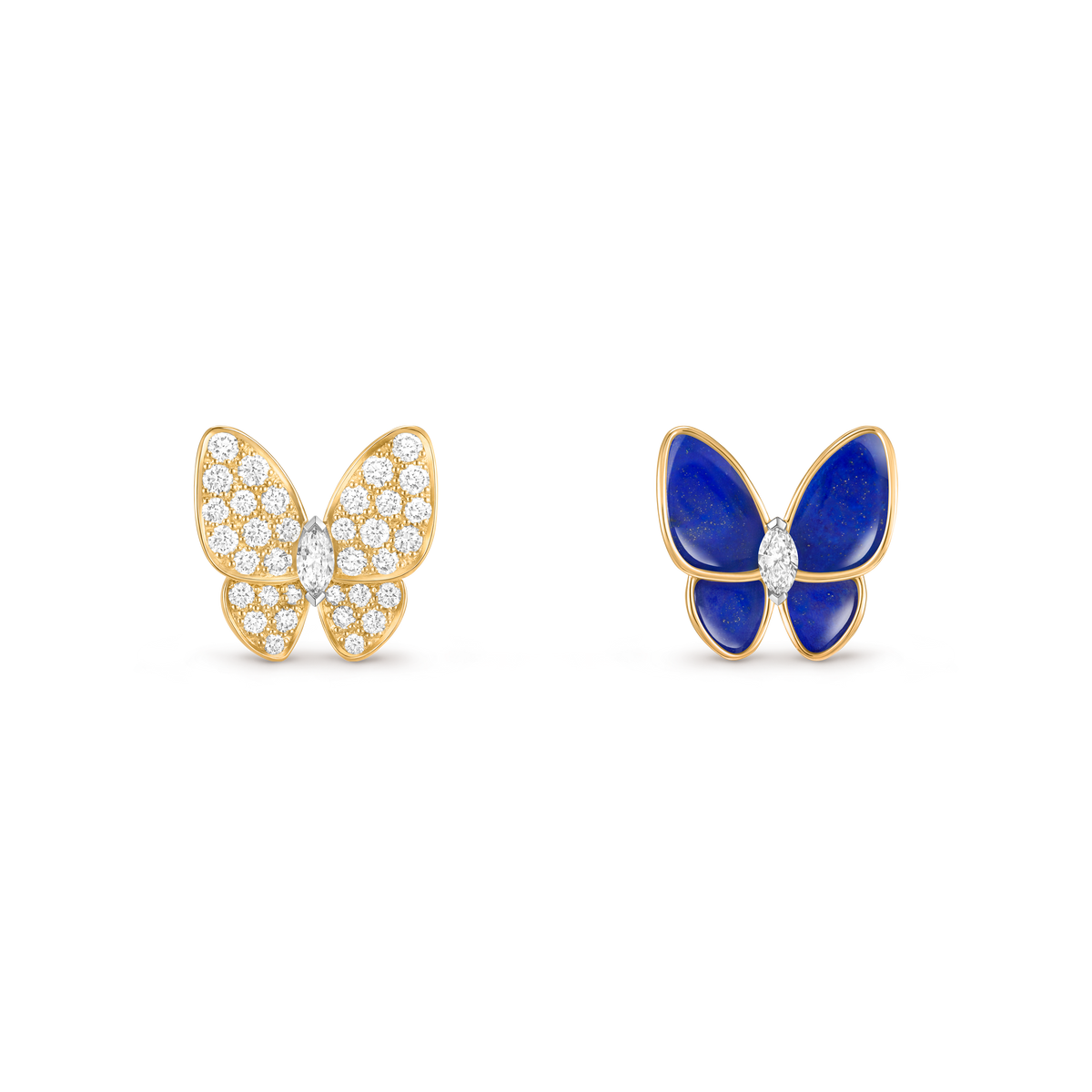 Van Cleef & Arpels Two Butterfly Diamond Lapis Lazuli Earrings 18K White & Yellow Gold