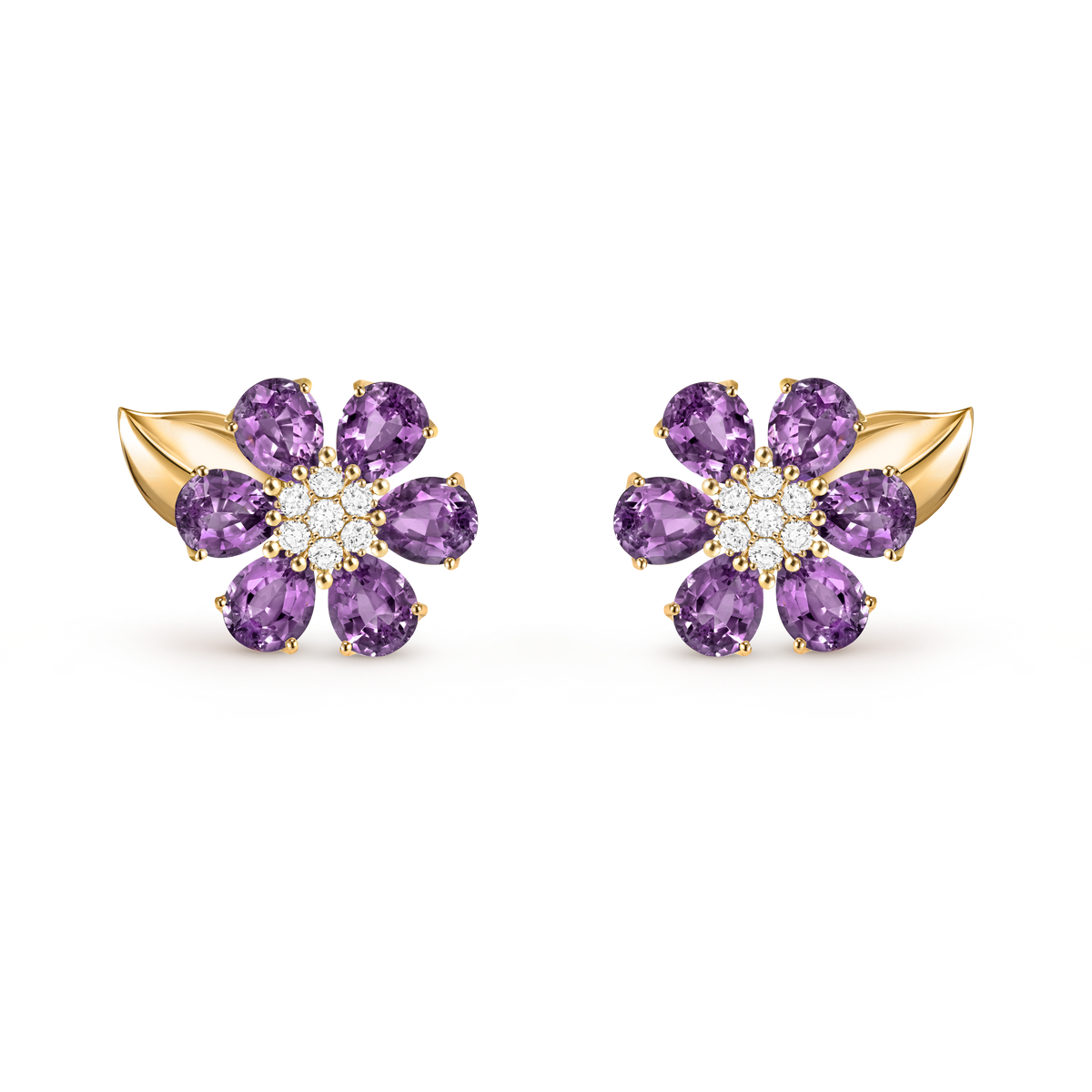 Van Cleef & Arpels Fleurs D'hawaï Amethyst Diamond Earrings 18K Yellow Gold