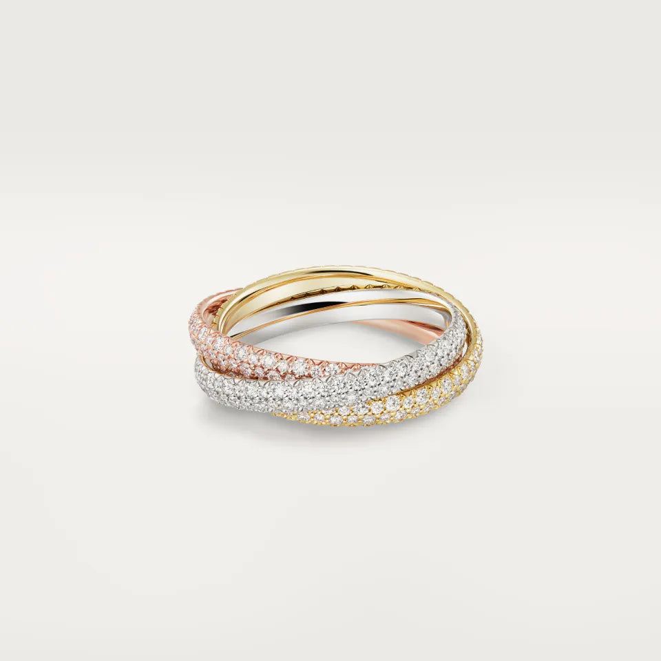 Cartier Trinity Ring Small Model Paved Diamonds 18K White, Yellow & Rose Gold