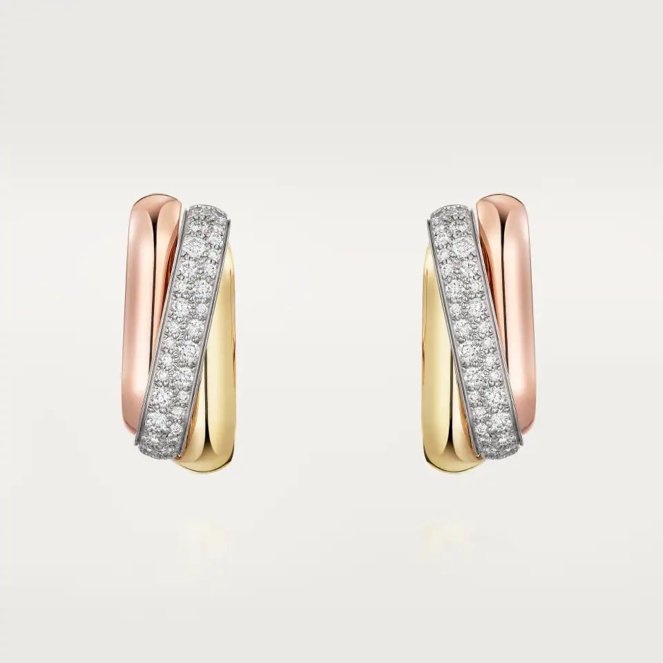 Cartier Trinity Earrings Cushion-Shaped Half-Paved Diamonds 18K White, Yellow & Rose Gold