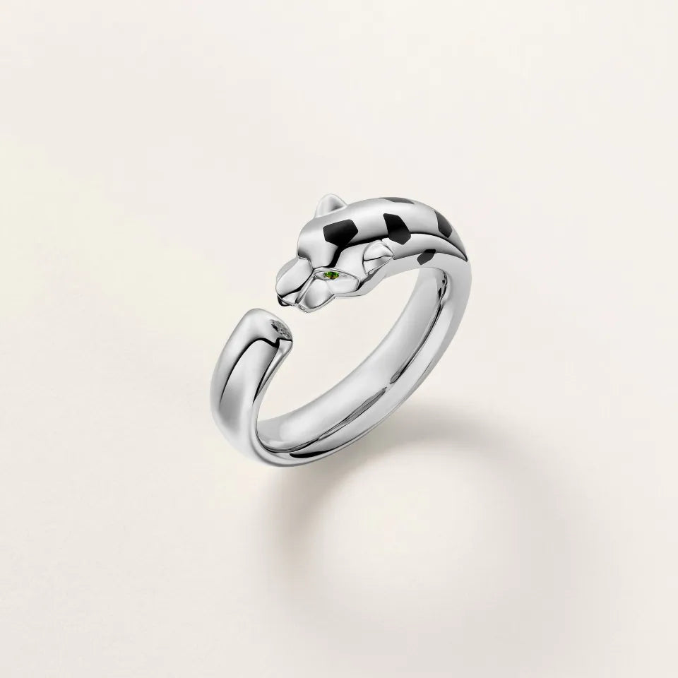 Cartier Panthère de Cartier Ring 7.4 mm Maximum width Black Lacquer Tsavorite Garnets Onyx 18K White Gold