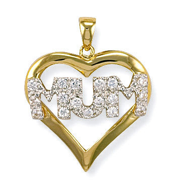 Yellow Gold Cubic Zirconia Heart Mum Pendant - 9ct Gold