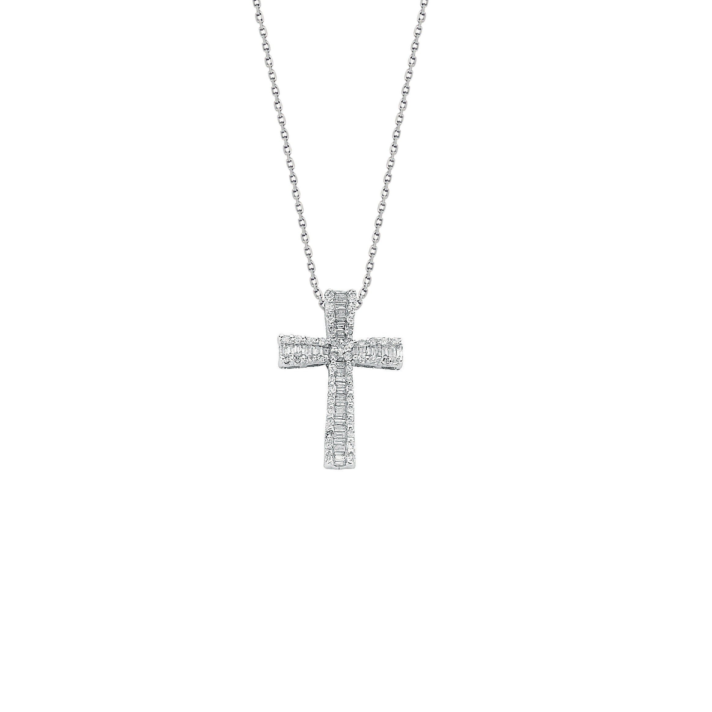 9ct White Gold 0.50ct Brilliant & Baguette Cut Diamond Cross Pendant with 18in/45cm Chain - 9ct Gold