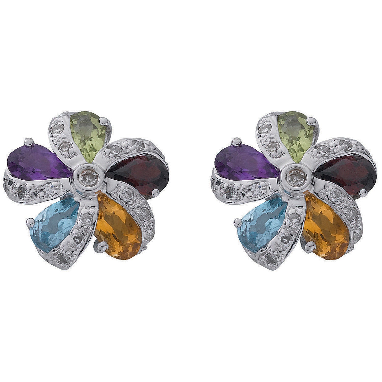 9ct White Gold 0.12ct Diamond & Multi Colour Gems Flower/Cluster Earrings - 9ct Gold