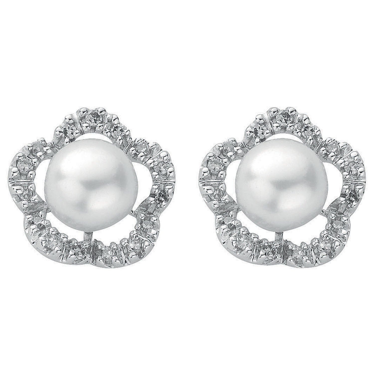 9ct White Gold 0.17ct Diamond & Pearl Stud Earrings - 9ct Gold