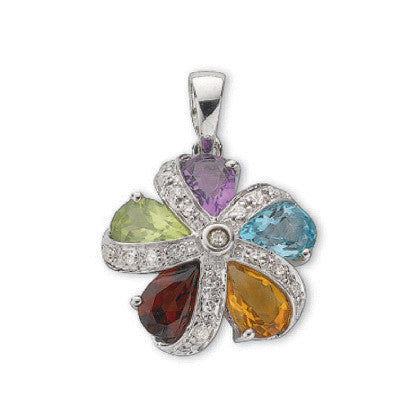 9ct White Gold 0.12ct Diamond & Multi Colour Gems Cluster / Flower Pendant - 9ct Gold